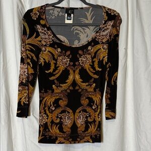 Just Cavalli Black and Gold Baroque Long Sleeve Top Size Medium